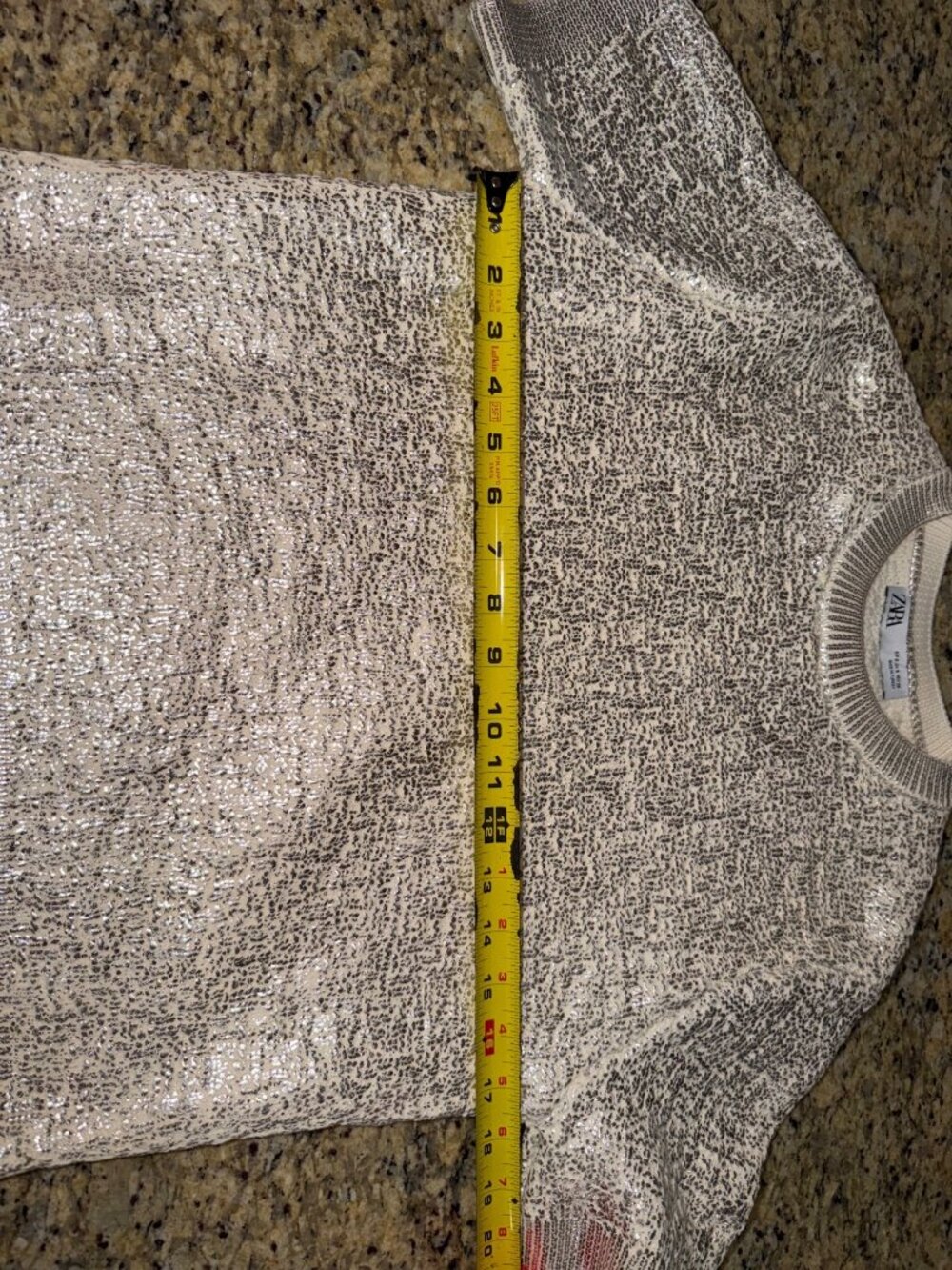 Zara Metallic Glam Posh Party City Short-Sleeve Sweater Silver Cream Womens S - Picture 11 of 13